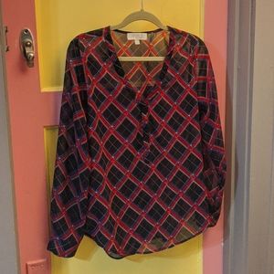 Sheer, flowy, navy blue geometric patterned olive & oak blouse